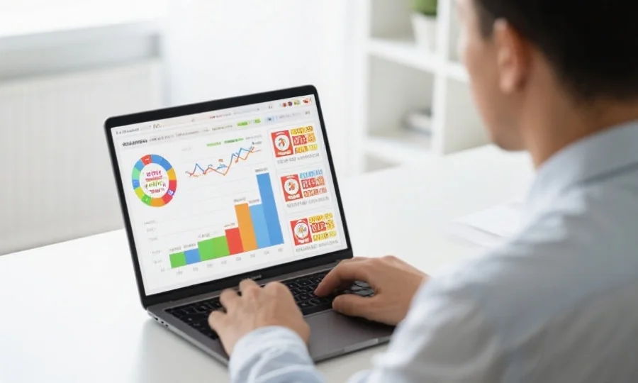 一位用户正在使用笔记本电脑分析彩票开奖趋势，屏幕上显示多种统计图表，环境明亮现代