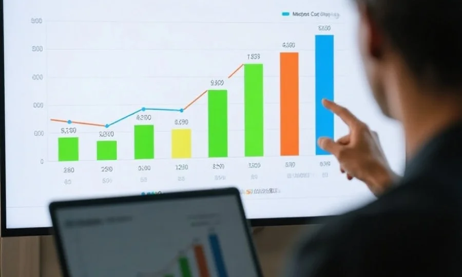 彩色数据可视化图表正在屏幕上显示，展示出数字分布和趋势线，前景有人用手指着图表讲解